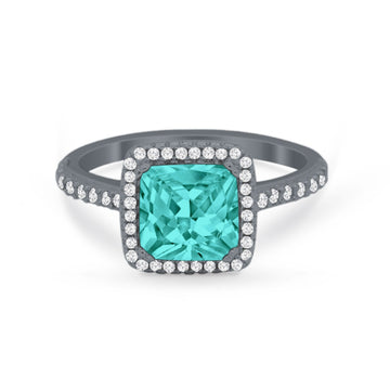 Halo Princess Cut Wedding Ring Black Tone, Simulated Paraiba Tourmaline CZ 925 Sterling Silver